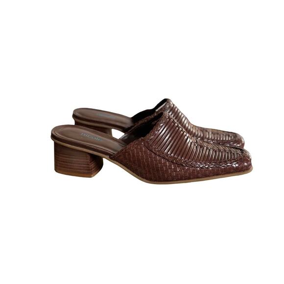 90'S Y2K VTG. BROWN LEATHER NICOLE‎ WOVEN MULES HEELS SZ. 8 1/2 - Picture 7 of 8